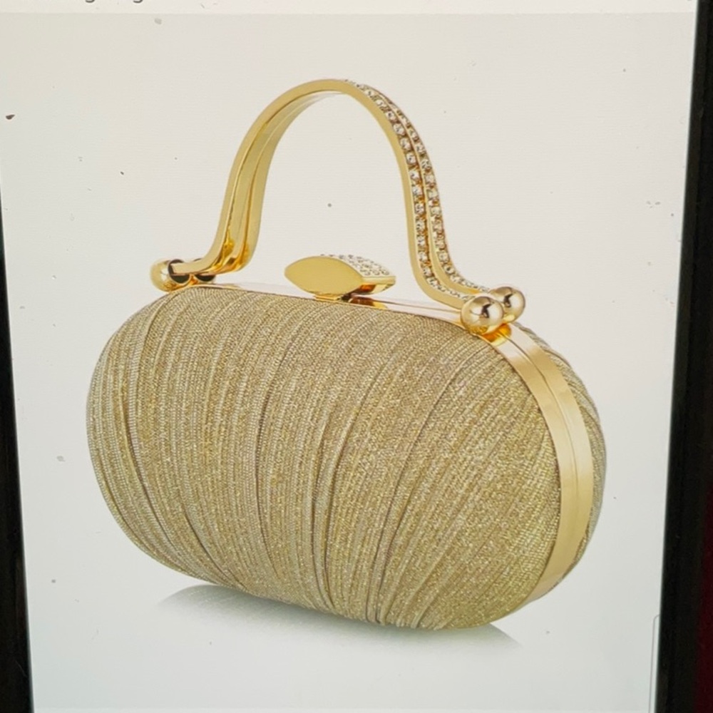 Elegant Gold Clutch EveningBag with Rhinestone Accents and Chain Crossbody
NWT.
